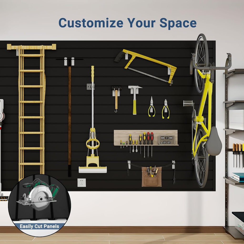 Slatwall Panel 8 FT x 4 FT, Interlocking Slat Wall Paneling, Wall Mounted PVC Wallpanel, Suitable for Garage Storage and Organizer, Slatwall Board, Shelves - Black