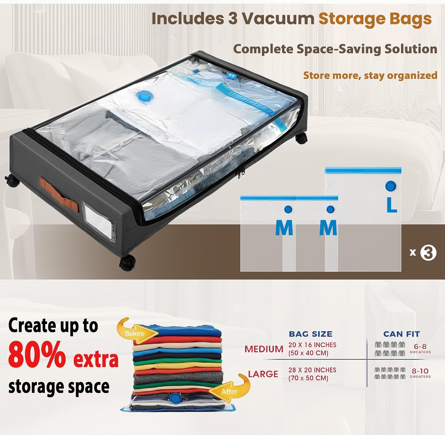 Under Bed Storage with Wheels, XXL Under Bed Drawers, Rolling Metal Drawer for Shoes, Clothes, Books, Toys, Under Bed Organizer with Clear Lids for Dorm Room, Bedroom, Kids Room, 2 Pack