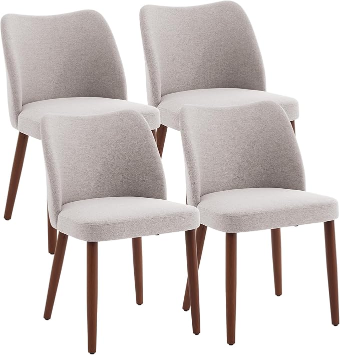 Dining Chair Set of 4, Linen Upholstered Dining Chair with Wood Legs, Wing Backrest, Wooden Kitchen Chair, Kitchen Chairs with Thick Cushions for Dining Room, Living Room, Light Grey