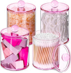 4 Pack Qtip Holder,Canister Apothecary Jar Set, Bathroom Jars with Lids Set for Cotton Swabs, Balls, Pads, Floss Picks,10oz-12oz Plastic Canisters Restroom Bedroom Vanity Organizer(Pink)