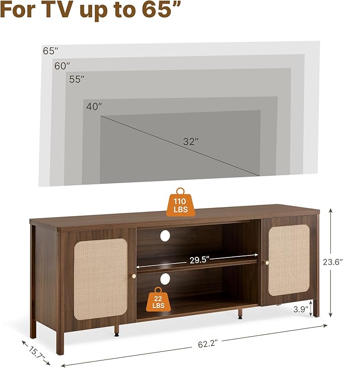 Rattan TV Stand for TVs up to 75'' Boho Entertainment Center with Adjustable Shelf Television Stand with 2 Storage Cabinets Media Console Wooden TV Cabinet for Living Room Bedroom,Walnut
