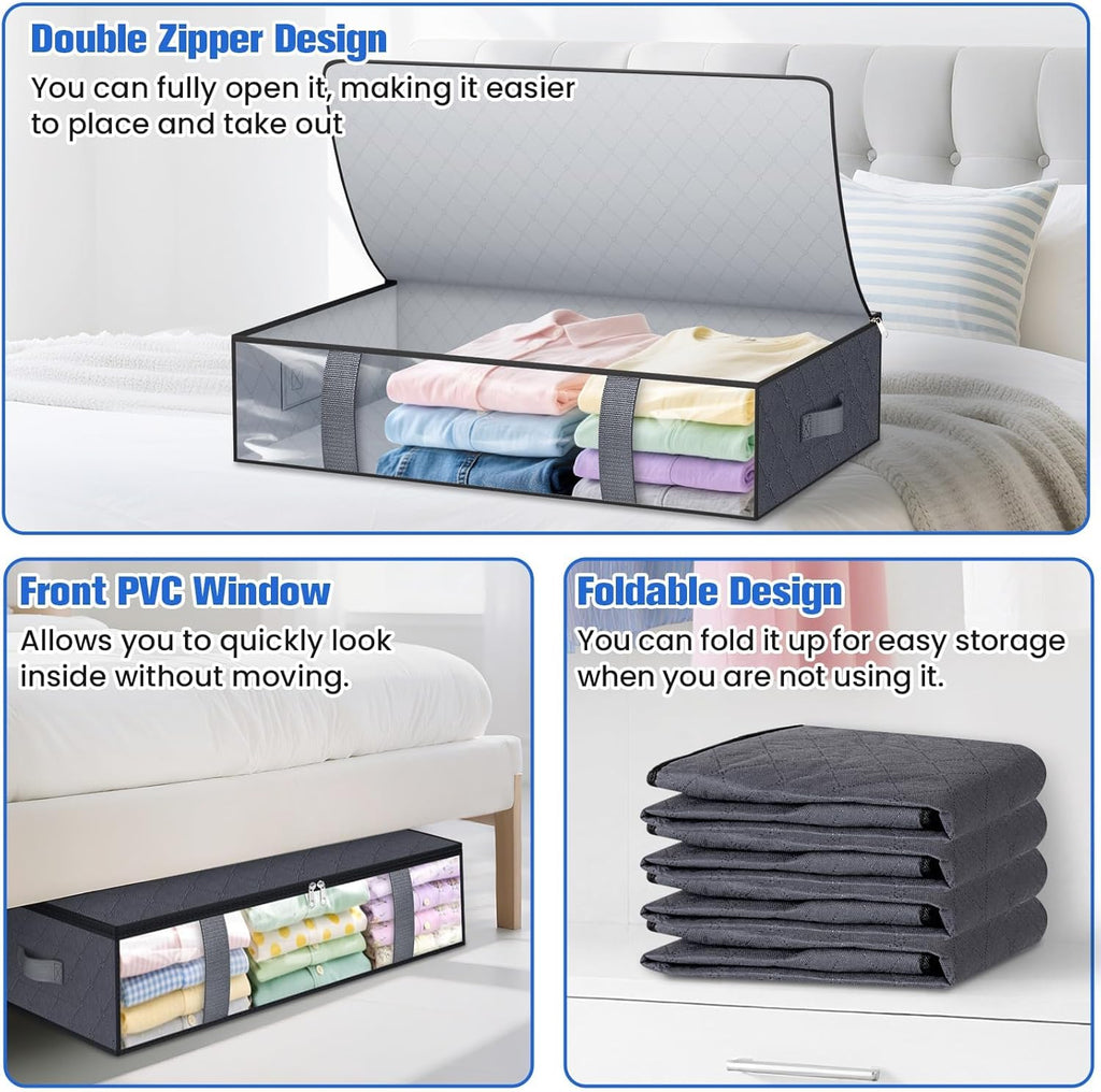 Under Bed Storage Containers, 2 Pack Blanket Storage Bags, Collapsible Storage Bags with Big Zippers, Clear Front, Shoe Storage and Organization for Clothes, Comforter, 60L, Grey
