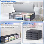 Under Bed Storage Containers, 2 Pack Blanket Storage Bags, Collapsible Storage Bags with Big Zippers, Clear Front, Shoe Storage and Organization for Clothes, Comforter, 60L, Grey