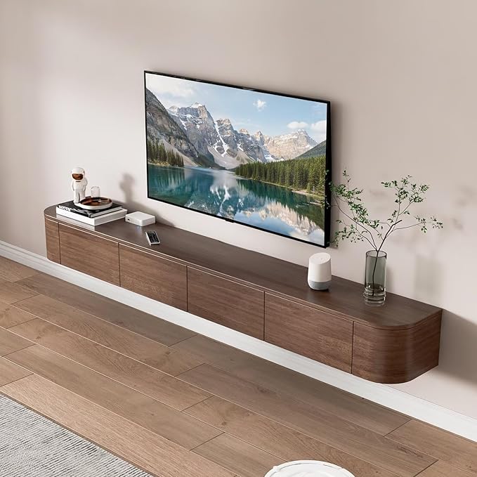 Pre-Assembled Floating TV Stand with Drawers, Rubberwood Wall Mounted TV Console, Modern Media Console for Living Room, Space-Saving Floating TV Cabinet (Brown, 86.6in/220cm)