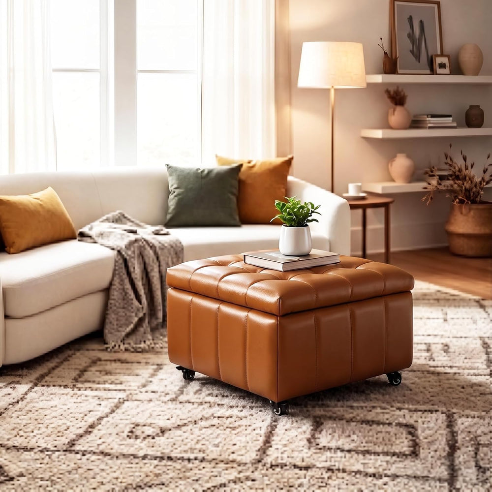 Square Leather Ottoman with Storage and Wheels,360°Rolling ottoman,Faux Leath...