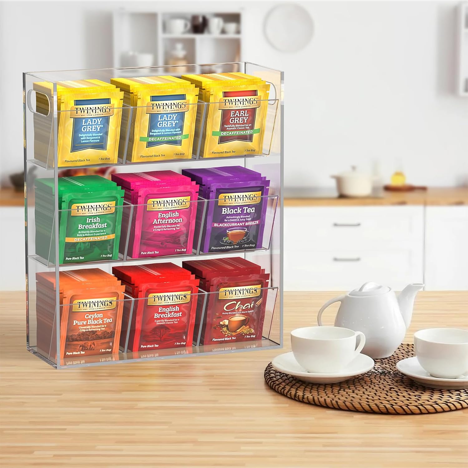Jumyee Acrylic Tea Bag Organizer for Tea Packets, Clear Tea Bag Display Holder Tea Storage Organizer, Slanted 9 Compartments Sugar Coffee Tea Bag Storage Caddy for Cabinet Countertop, No Assembly