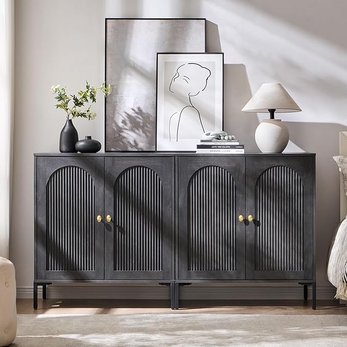 Modern TV Stands for 75 Inch TVs, 61.75‬"W Wood Entertainment Center w/Adjustable Shelves, Mid Century Modern TV Stand w/Arched Fluted Doors, Media Console Cabinet for Living Room, Dark Grey