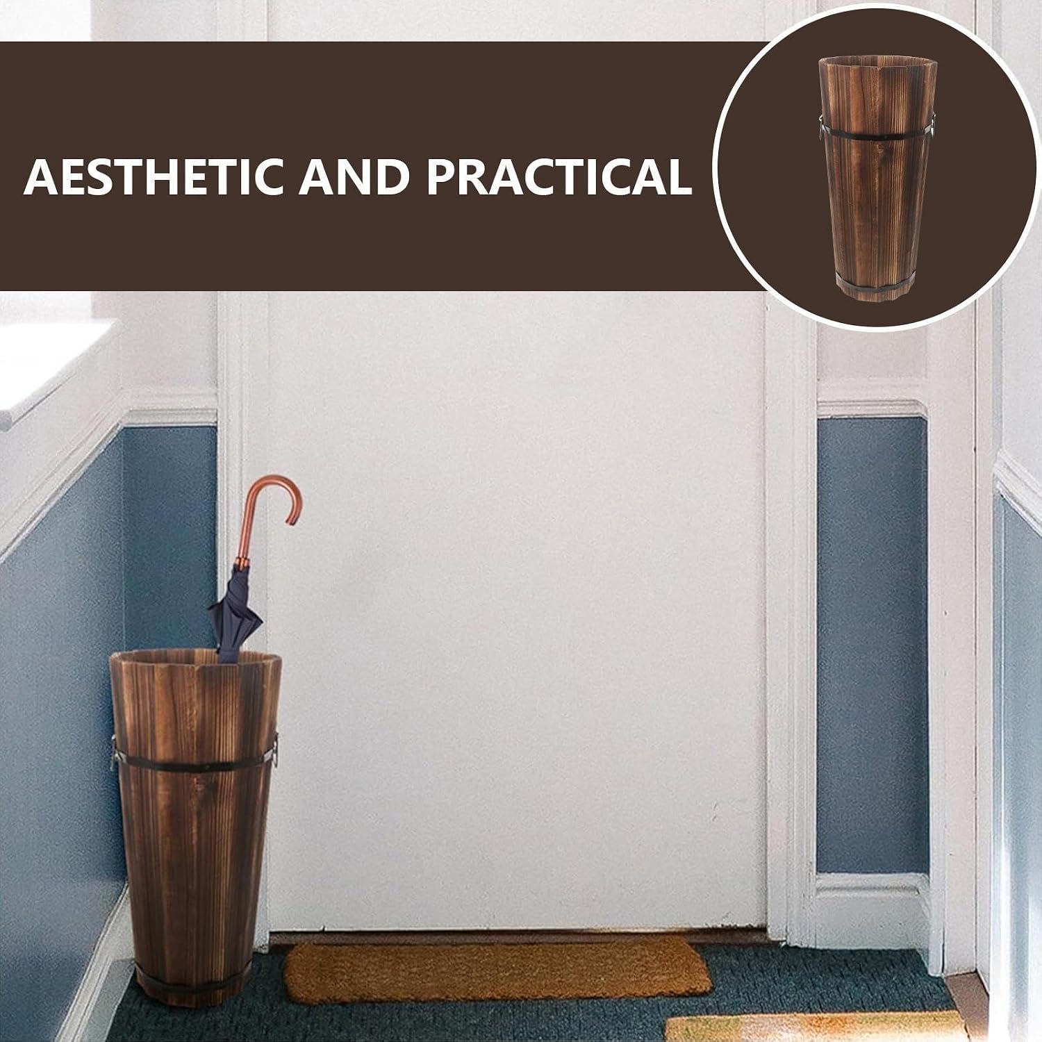 Umbrella Bucket - Wooden Large Modern Container,Umbrella Organizer Bucket Cane Stand,for Inside Outdoor Entrance Hallway Patio Home Office Dorm Commercial