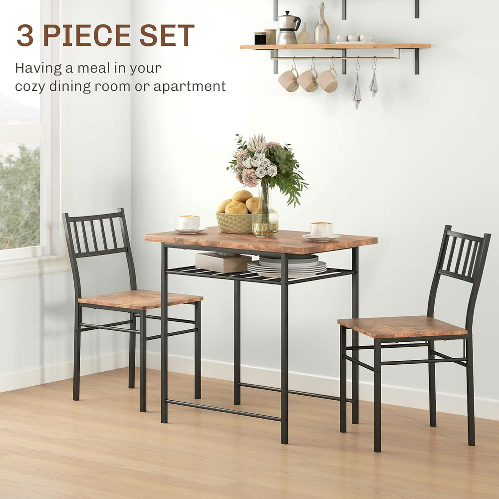 HOMCOM 3-Piece Dining Table Set for 2 Built-in Storage Rack Rustic Brown