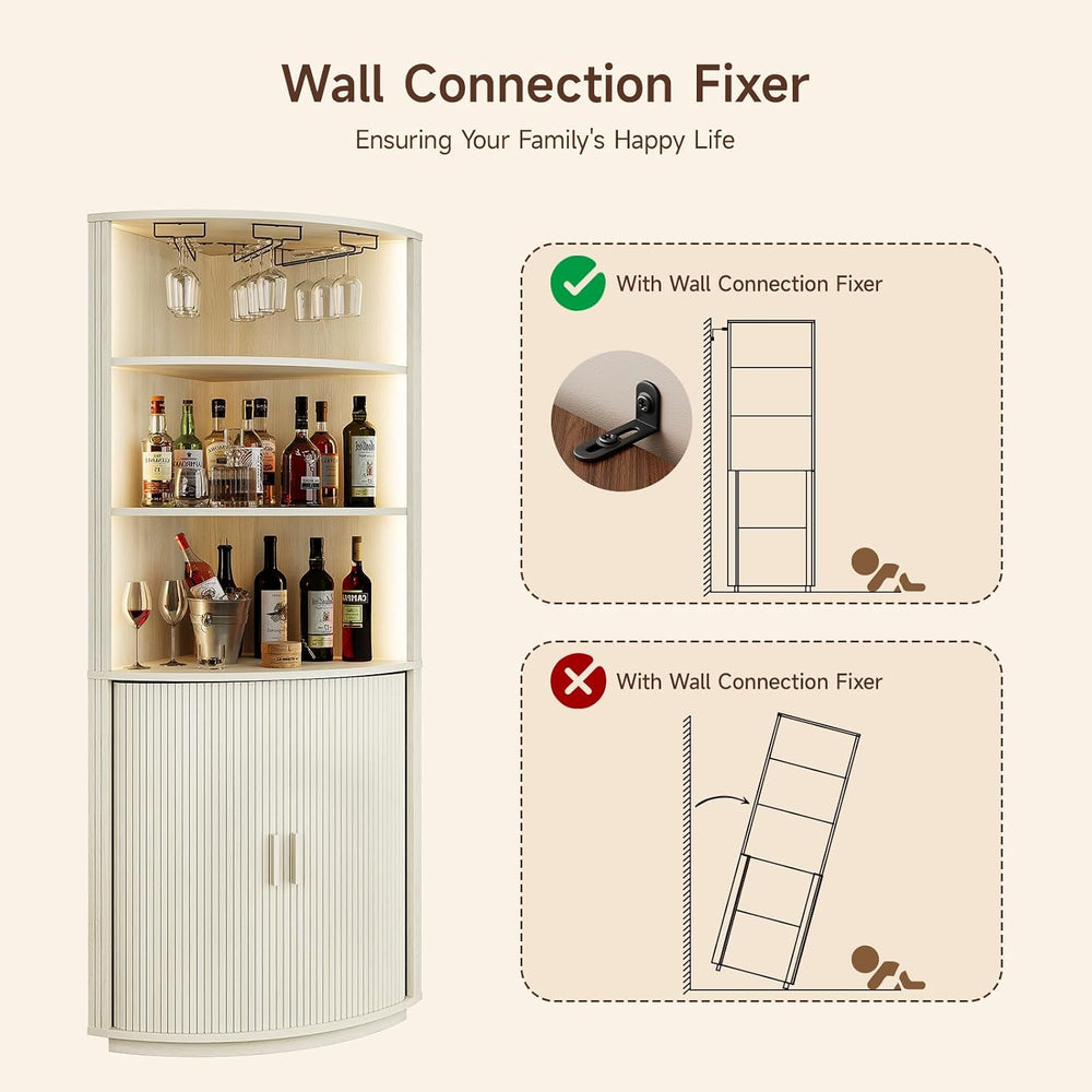 ONBRILL 72" Tall Corner Bar Cabinet with LED Light, Liquor Cabinets, White