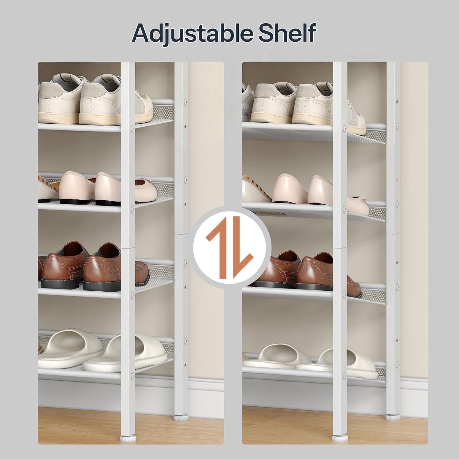 HOOBRO Shoe Rack for Entryway, 5-Tier Shoe Organizer with Adjustable Mesh Shelves, 12-16 Pairs of Shoes, Spacious Floor Mount, Metal, Industrial, Shoe Shelf for Closet, Natural and White WN12XJ01
