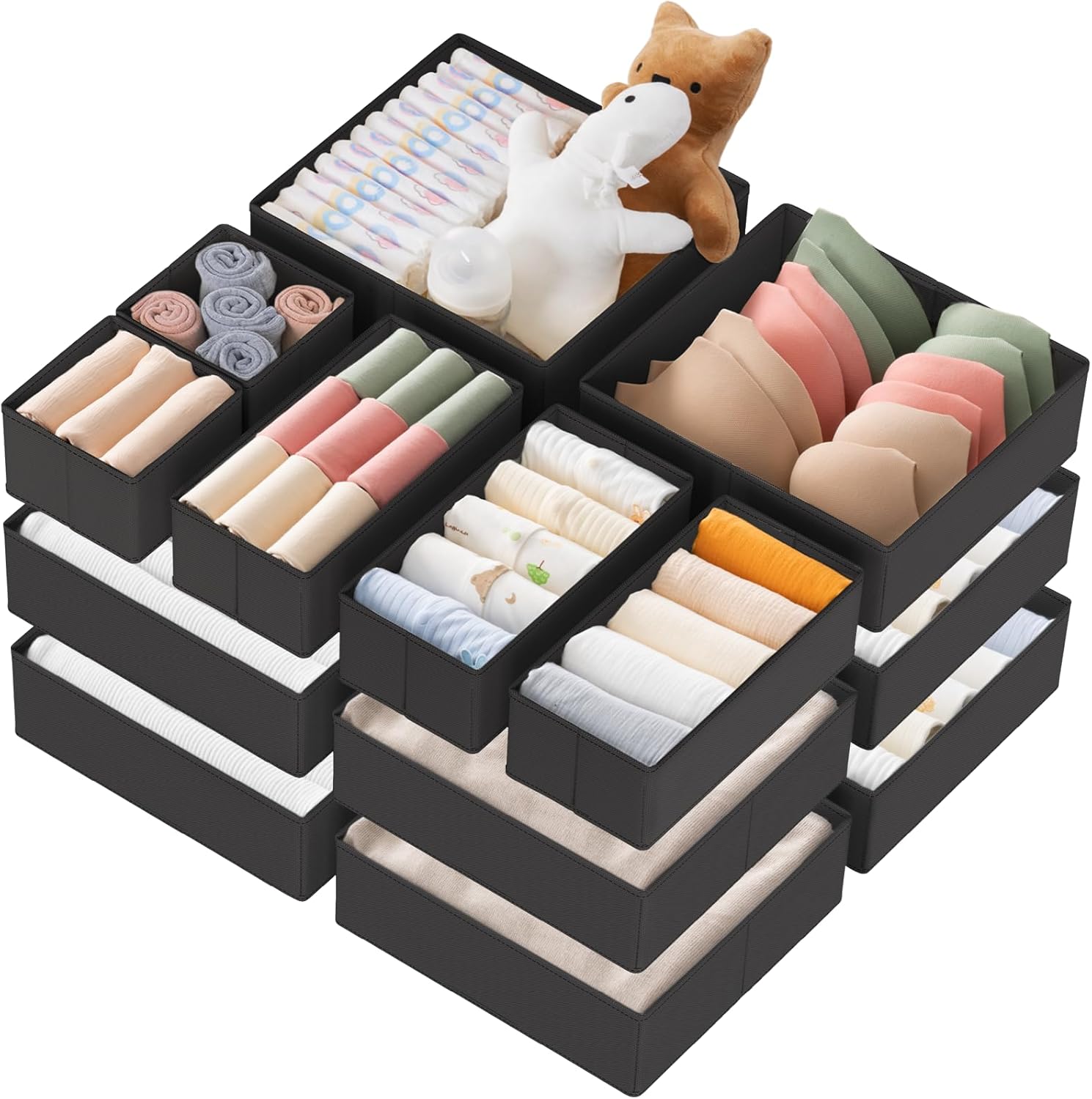 Criusia Drawer Organizer Clothes, 21 Pack Dresser Organizer for Baby Clothes, Underwear, Sock - Foldable Closet Organization and Storage Dividers Bins for Nursery, Bedroom (Black)