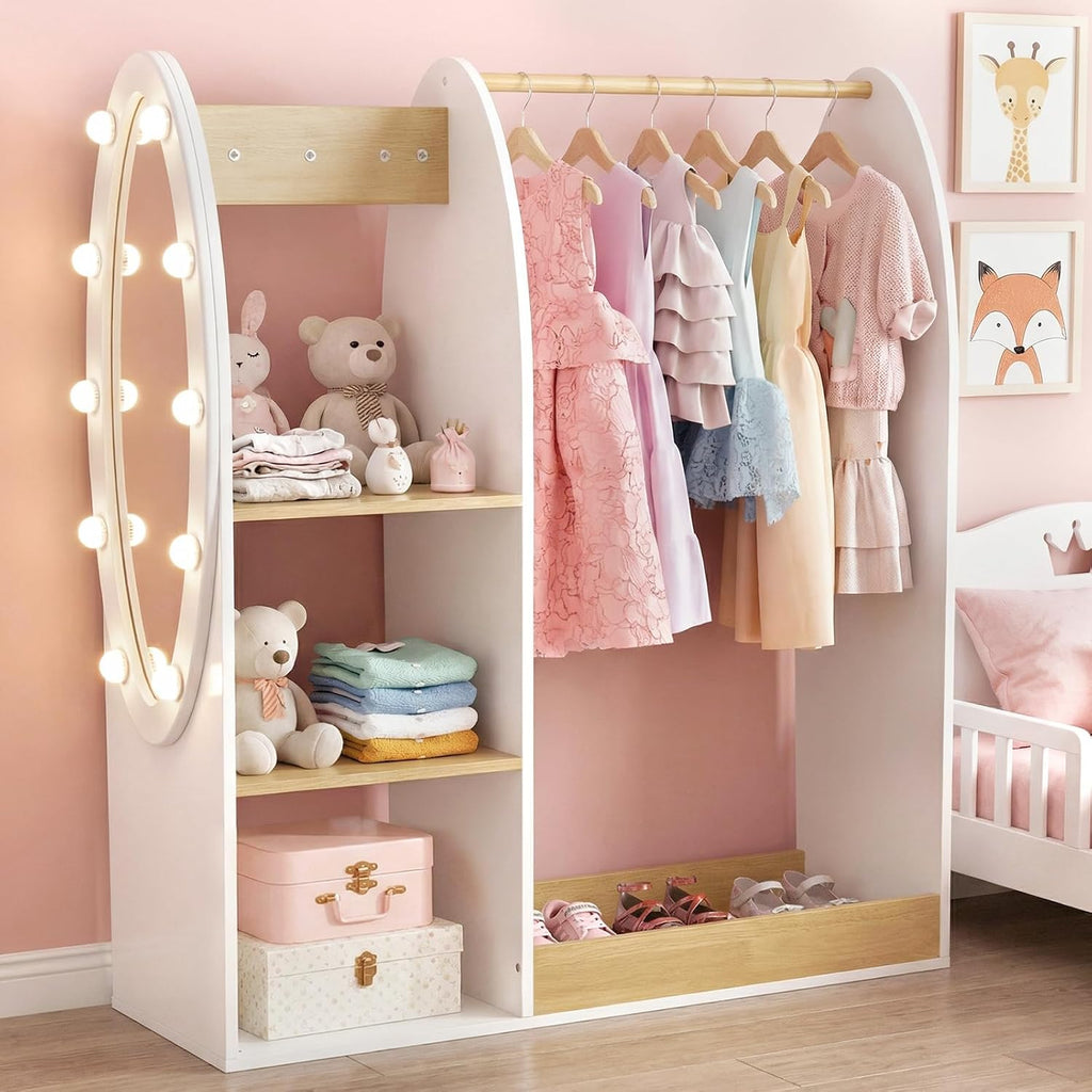 Olakids Kids Dress Up Storage with Mirror, Wooden Costume Wardrobe Closet with LED Lights Rack Storage Shelves 3 Hooks for Bedroom (Natural)