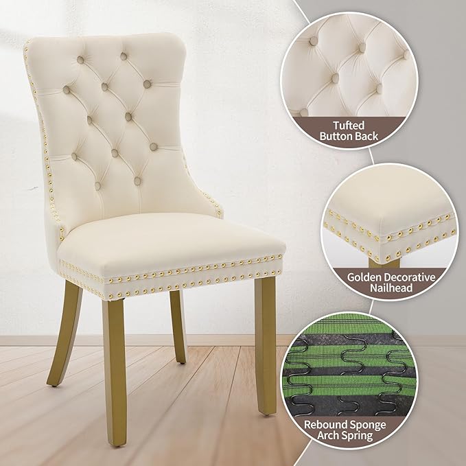 Velvet Dining Chairs Set of 6, High-end Tufted Upholstered Dining Chair with Back Ring Pull, Nailhead Trim and Golden Solid Wood Legs, Modern Dining Room Chairs for Dining Room, Cream