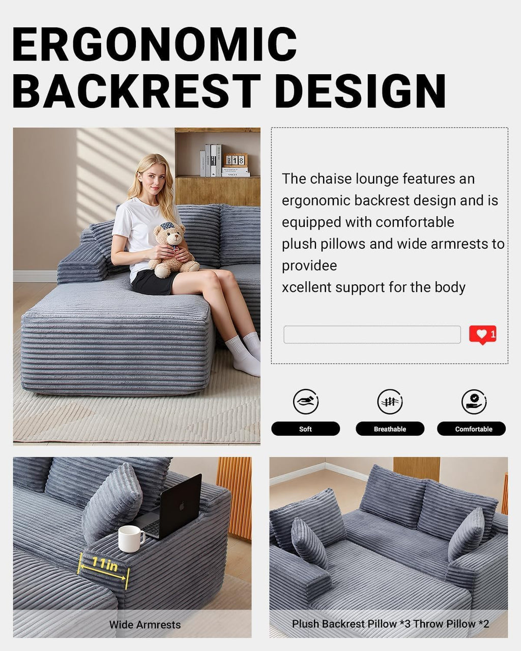 Cloud Sectional Couch, 108 Inch Modern Modular Sectional Sofa with Deep Seat, Corduroy Boneless Couches with L-Shape Right Chaise for Living Room Bedroom, No Assembly Required(Grey)