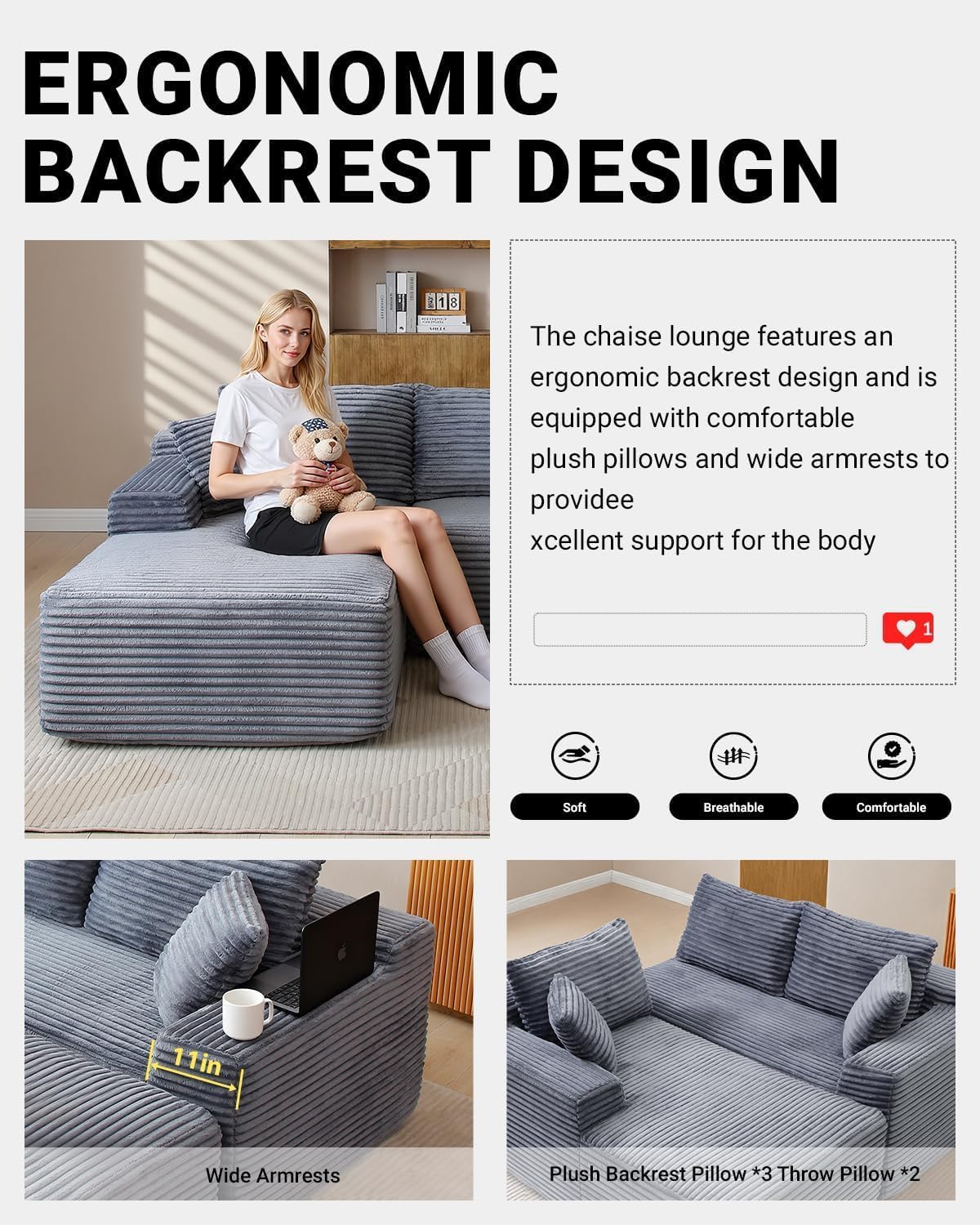Cloud Sectional Couch, 108 Inch Modern Modular Sectional Sofa with Deep Seat, Corduroy Boneless Couches with L-Shape Right Chaise for Living Room Bedroom, No Assembly Required(Grey)