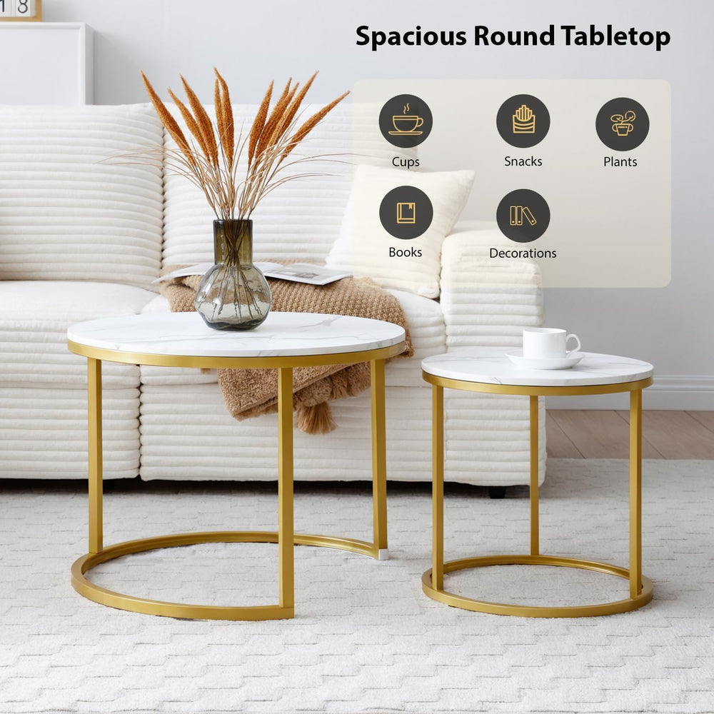 Nesting Coffee Table Set of 2, Round Coffee Table w/Marble Pattern Top, Moder...