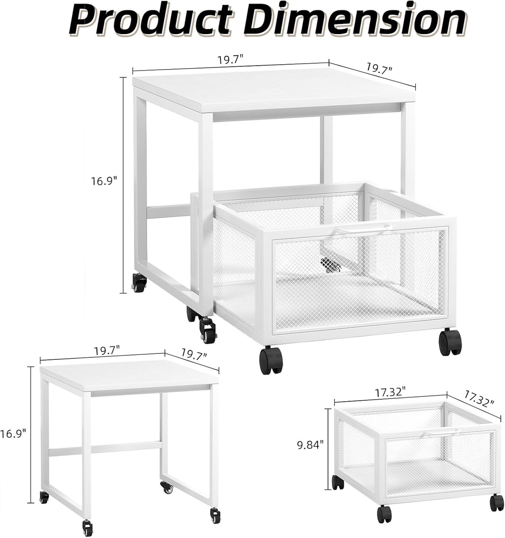VERMESS End Table, 19.7" Mini Fridge Stand with Storage, Printer Stand with Storage Drawer, Rolling File Cabinet Cart with Wheels, Mobile Printer Beverage Fridge Table for Home Office Bedroom (White)