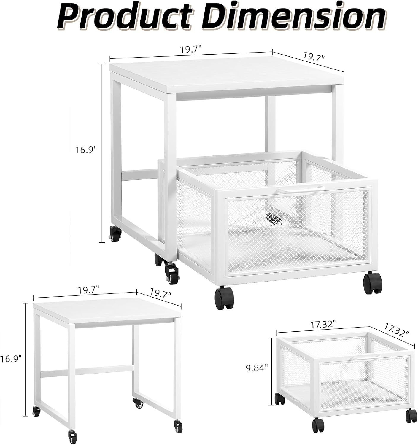 VERMESS End Table, 19.7" Mini Fridge Stand with Storage, Printer Stand with Storage Drawer, Rolling File Cabinet Cart with Wheels, Mobile Printer Beverage Fridge Table for Home Office Bedroom (White)