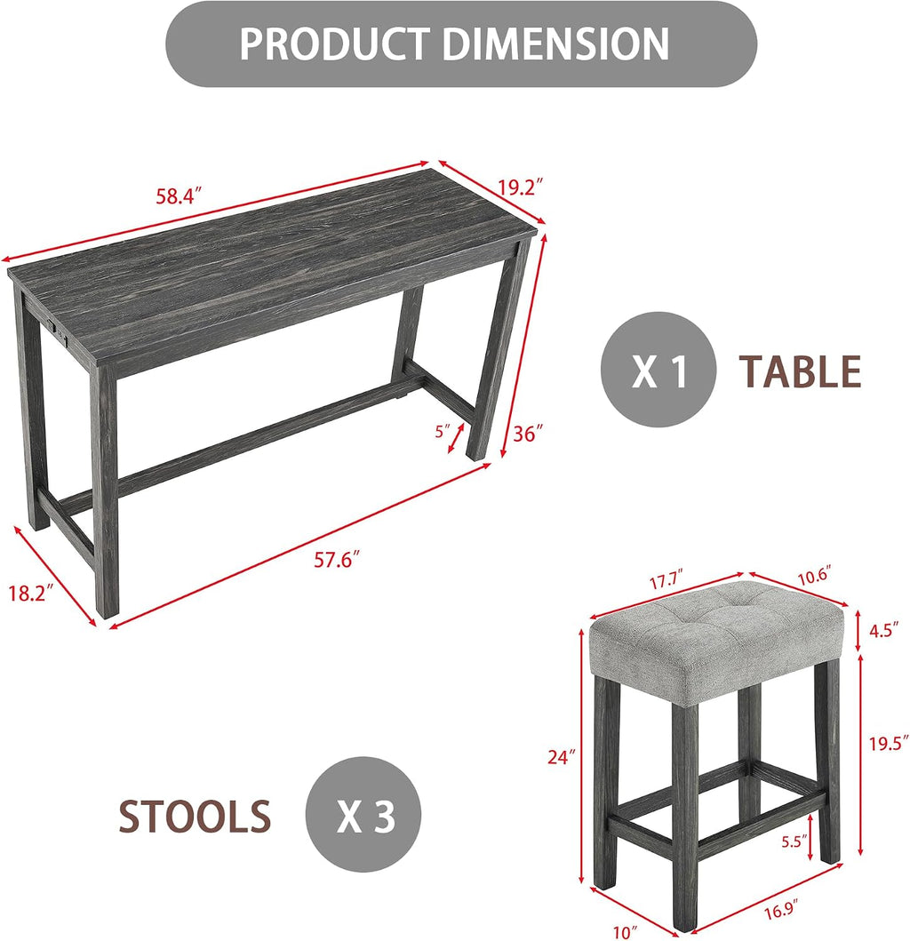 Merax Industrial Bar Table Set with Power Outlet, 4-Piece Counter Height Dining Set with Linen Fabric Stools for Kitchen, Breakfast Nook, Game Room,Black Gray+ Gray