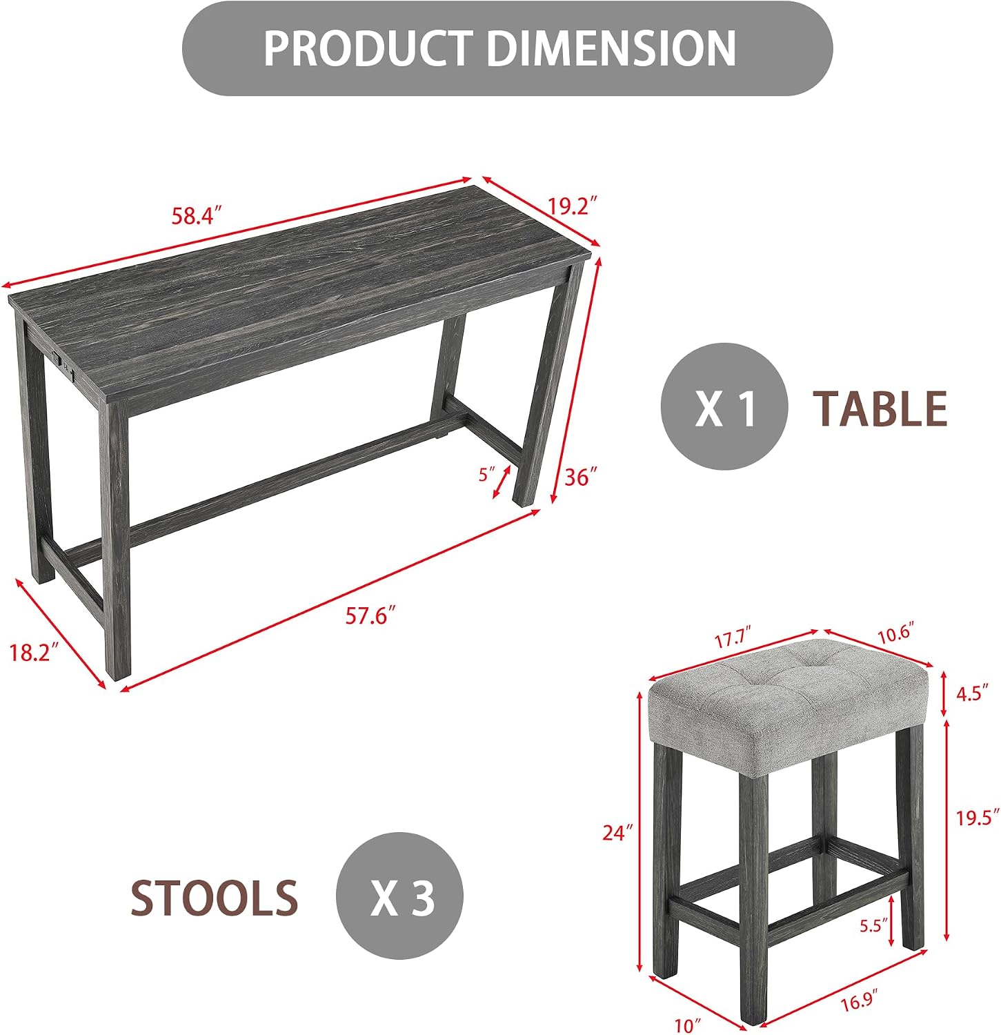Merax Industrial Bar Table Set with Power Outlet, 4-Piece Counter Height Dining Set with Linen Fabric Stools for Kitchen, Breakfast Nook, Game Room,Black Gray+ Gray