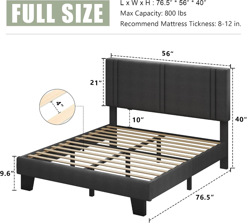 Feonase Full Size Platform Bed Frame, Fabric Upholstered Full Bed Frame, Soli...