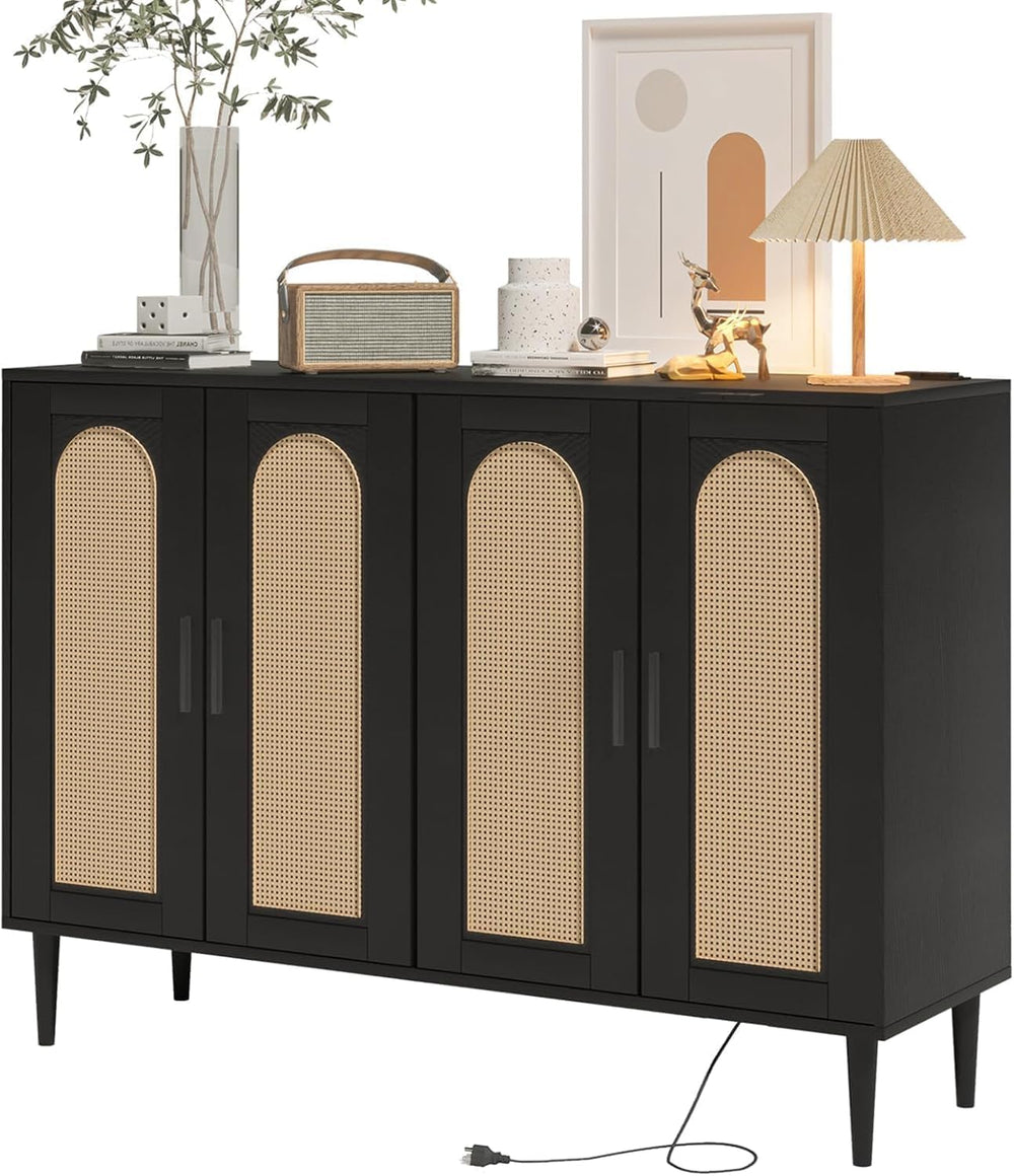 Patikuin Rattan Sideboard Buffet Cabinet, Boho Accent Storage Cabinet, 4 Door...