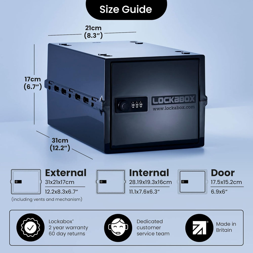 Lockabox One™ | Compact and Hygienic Lockable Storage Box for Food, Medicines, Tech and Home Safety | One Size 12 x 8 x 6.6 inches externally (Jet)