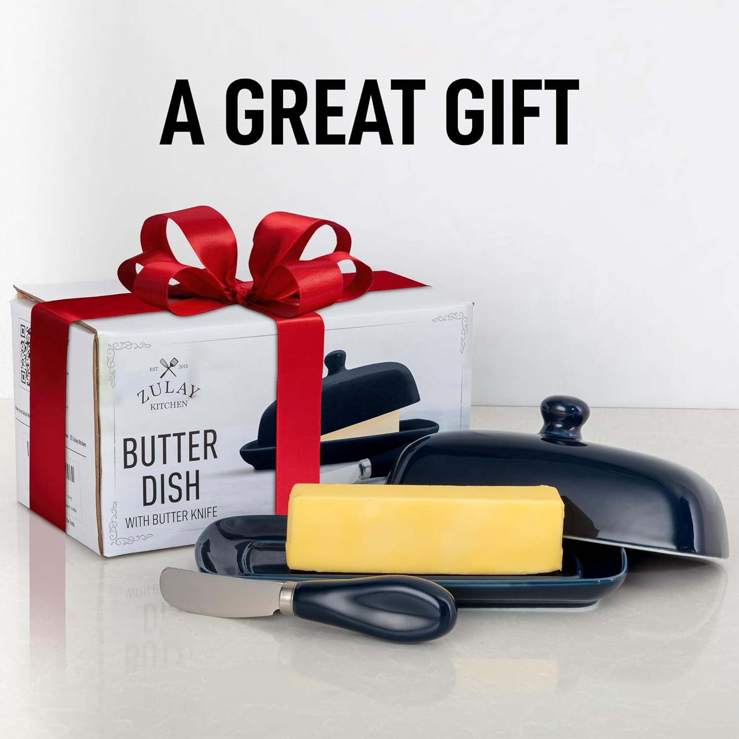 Zulay Butter Dish With Lid For Countertop - Porcelain White, Ceramic Butter Dish with Knob Handle Great for Cooking - Elegant Design Butter Holder - Durable & Sturdy Butter Keeper - Navy