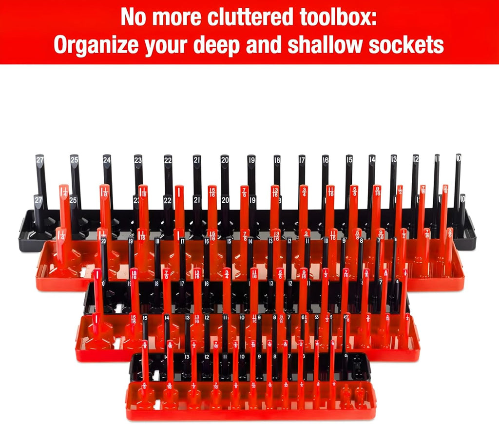 6PCS Socket Organizer Tray Set, Red SAE & Black Metric Socket Storage Trays, 1/4-Inch, 3/8-Inch & 1/2-Inch Drive Deep and Shallow Socket Holders for Toolboxes