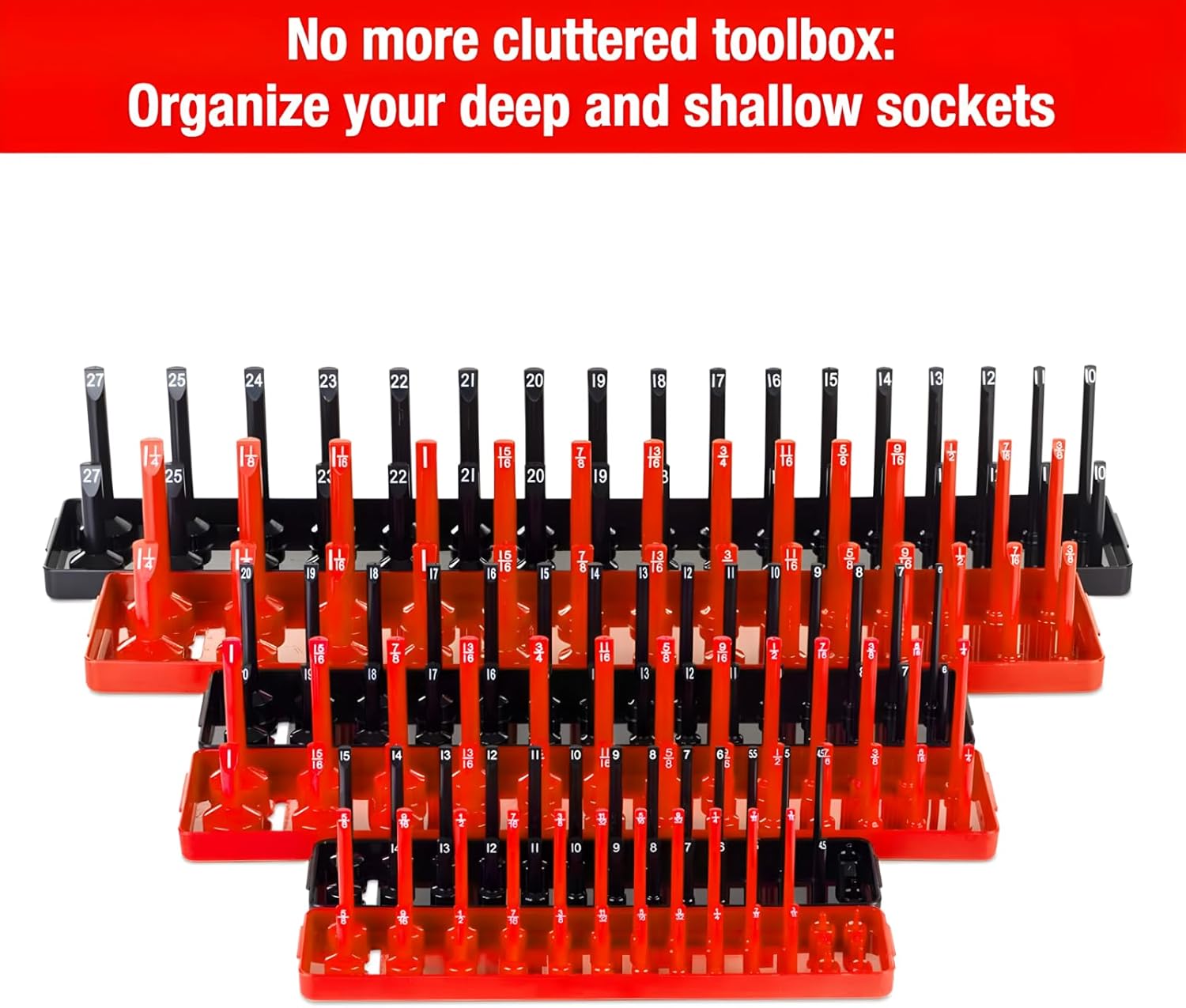 6PCS Socket Organizer Tray Set, Red SAE & Black Metric Socket Storage Trays, 1/4-Inch, 3/8-Inch & 1/2-Inch Drive Deep and Shallow Socket Holders for Toolboxes