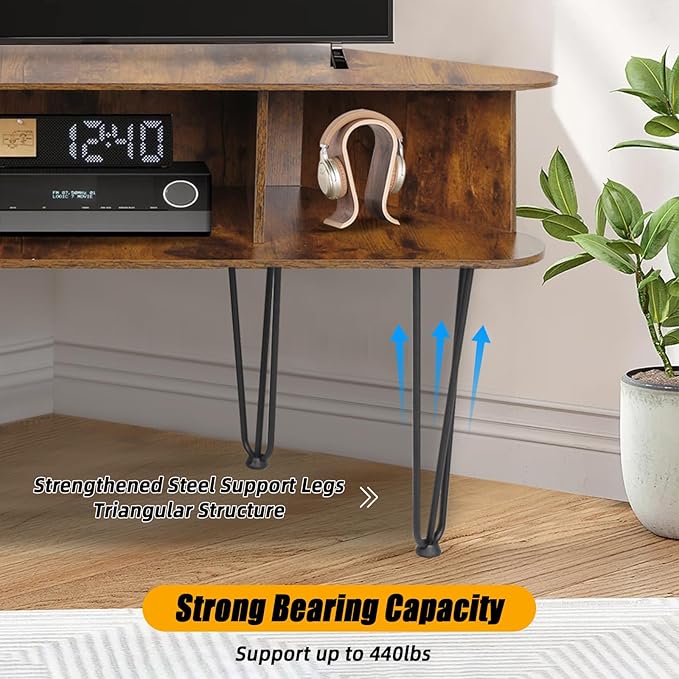 Corner TV Stand for 50 Inch TV, Entertainment Center with Storage Cabinet, Industrial Media Console Table with High Metal Feet and Anti-Slip Pads, Corner TV Stand for Living Room, Brown