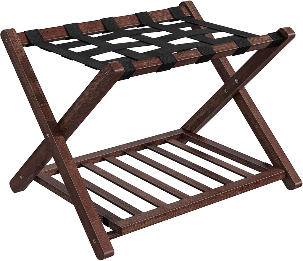 HOOBRO Luggage Rack, Folding Luggage Holder, Bamboo Suitcase Stand for Guest Room, with Nylon Strap Support Shelf, Holds up to 110 lb, for Hotel, Bedroom, Brown BR19XL01