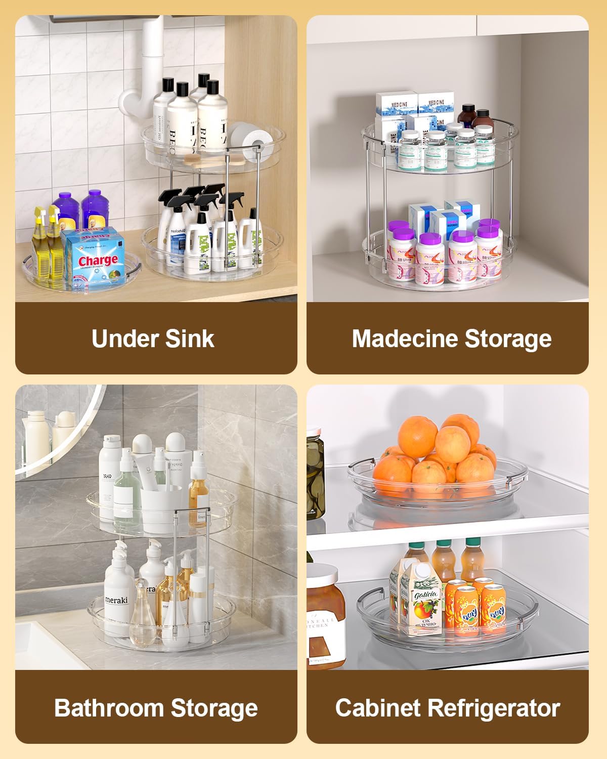 INCOSTAR 3 Pack Clear Lazy Susan Turntable 9'' & 11.8'' for Cabinet | Two-Tier Spinning Organizer, Space-Saving Pantry Storage Rack, Clear Durable Plastic, Makeup & Bathroom