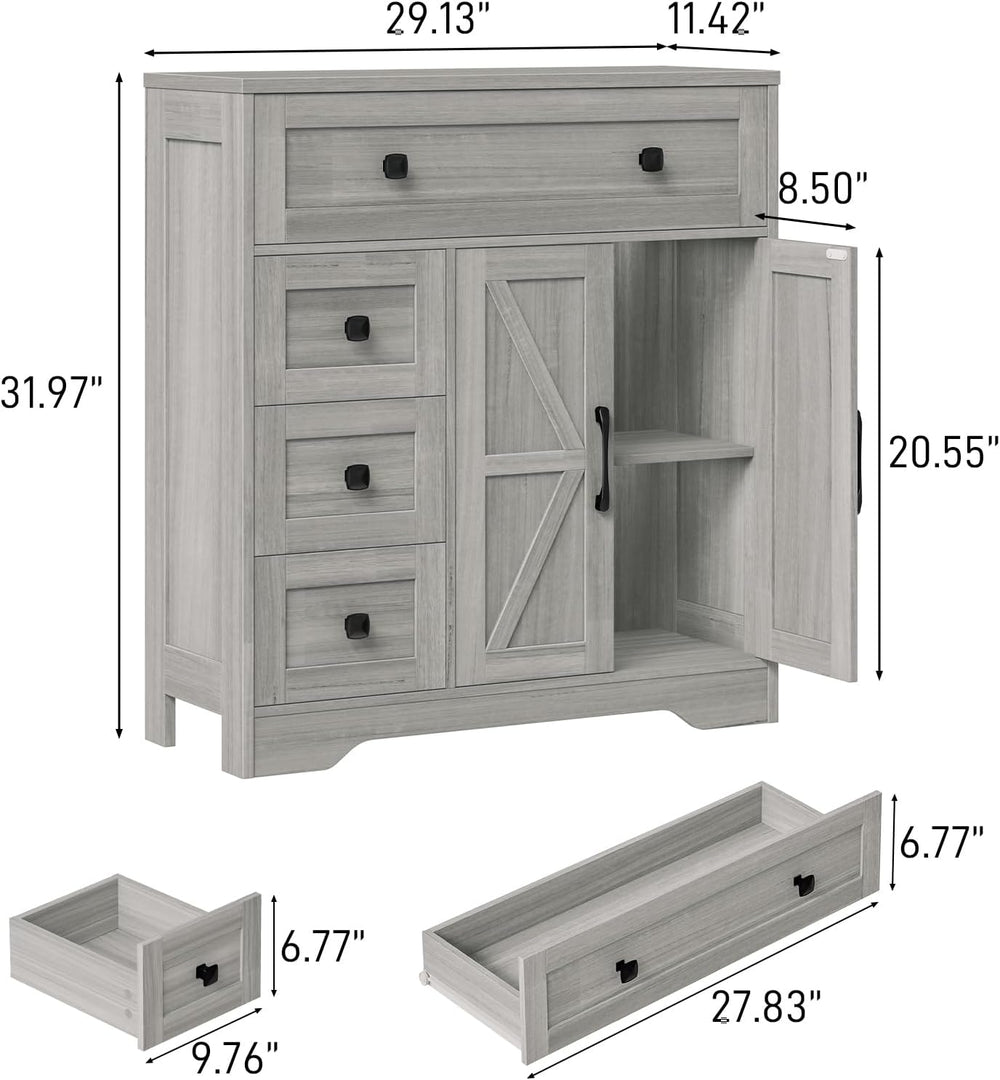 Vabches Farmhouse Storage Cabinet with 2 Doors and 4 Drawers, Wash Grey