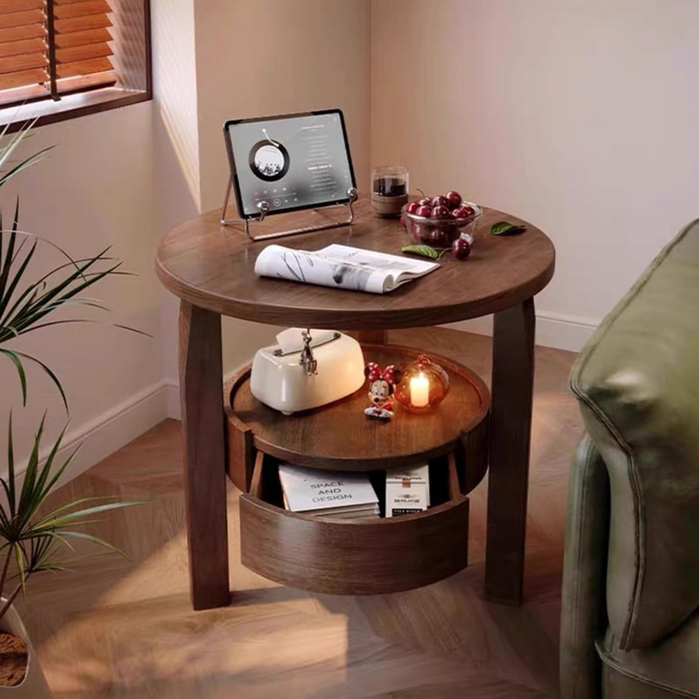 YUNMUAIR-Round Side Table with Drawer,2-Tier Vintage End Table with Storage,N...