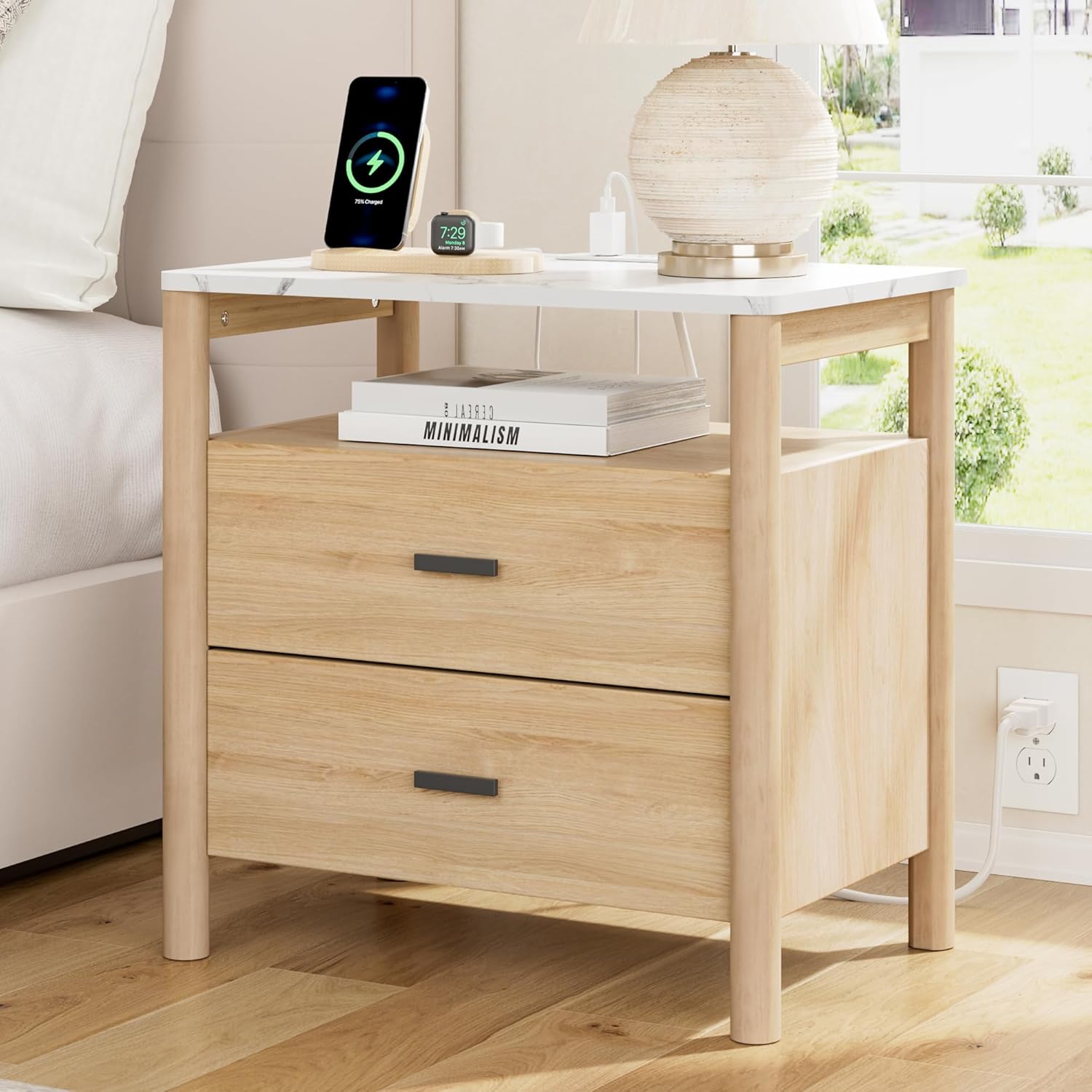 Night Stand with Charging Station, 24" Large Modern Nightstand with Faux Marble Top, 2 Drawers End Table with Solid Round Post Legs & Open Shelf, for Bedroom, Natural Oak