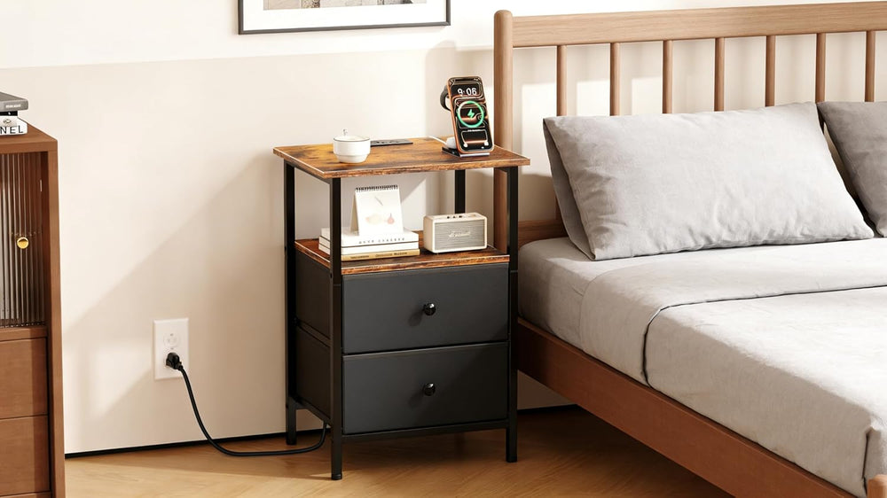 Nightstand with Charging Station, Bedside End Table with 2 Fabric Drawers for...