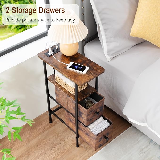 Narrow End Tables Living Room Set of 2 with Charging Station, Skinny Side Tab...