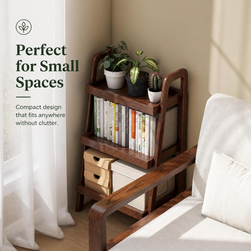 Solid Oak Small Bookshelf, 3 Tier Ladder Shelf Walnut Bookcase | Ladder bookshelf with compact design for small spaces, ideal for books, plants and decor in living room, bedroom and offices.
