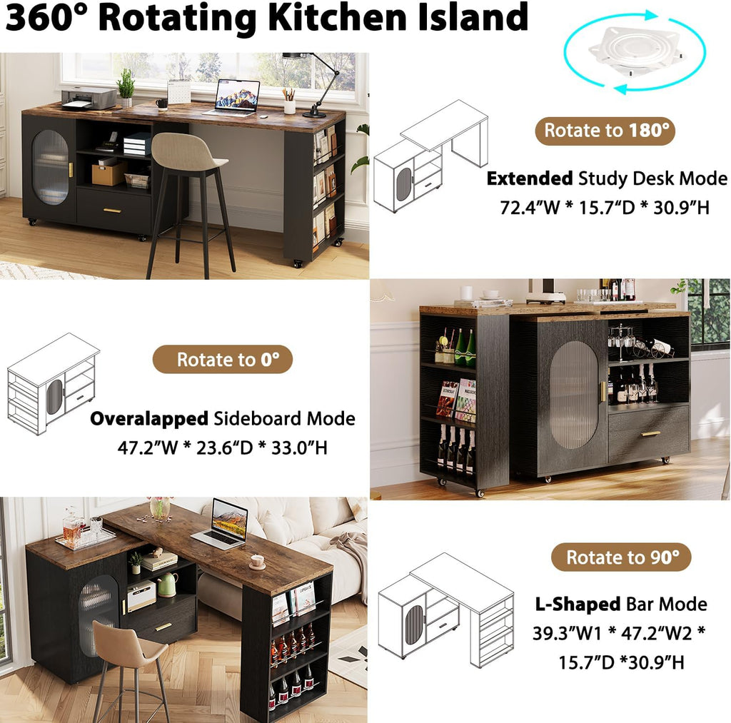 HSH Rolling Kitchen Island with Seating & Storage with Wheels, Rustic Brown | 72” Large kitchen island, 360° swivel & extendable table, movable island Cart with cabinet, drawer and shelves for Kitchen