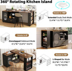 HSH Rolling Kitchen Island with Seating & Storage with Wheels, Rustic Brown | 72” Large kitchen island, 360° swivel & extendable table, movable island Cart with cabinet, drawer and shelves for Kitchen