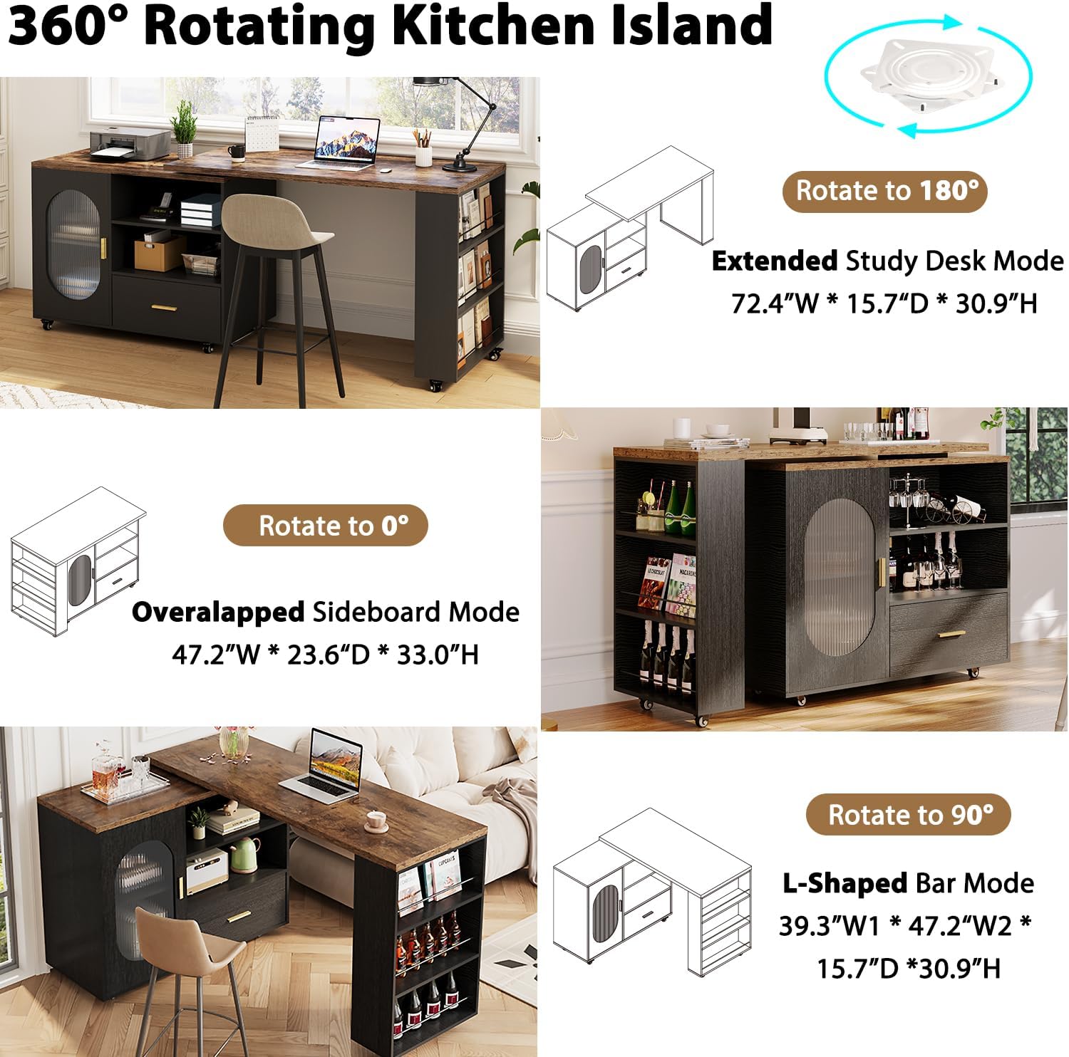 HSH Rolling Kitchen Island with Seating & Storage with Wheels, Rustic Brown | 72” Large kitchen island, 360° swivel & extendable table, movable island Cart with cabinet, drawer and shelves for Kitchen