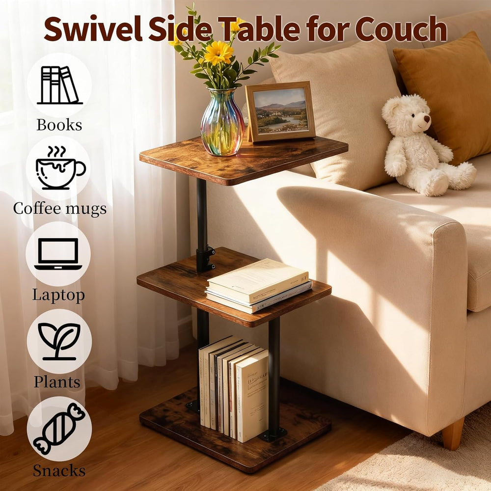 Swivel Side Table Adjustable Height, 3-Tier End Table with 360°Rotatable Tray...