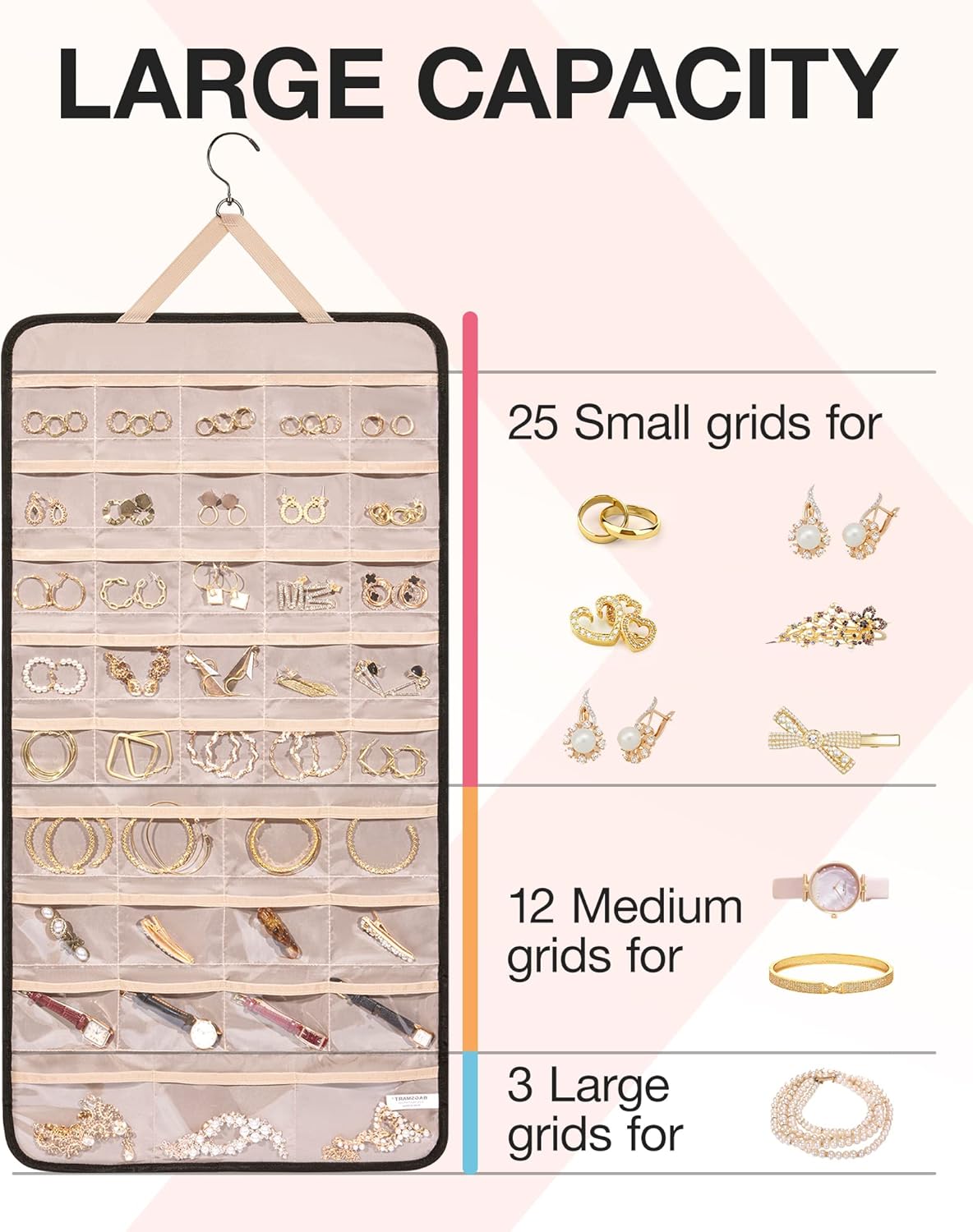 BAGSMART Hanging Jewelry Organizer Storage Roll with Hanger Metal Hooks Double-Sided Jewelry Holder for Earrings, Necklaces, Rings on Closet, Wall, Door, 1 piece, Extra Large, Black