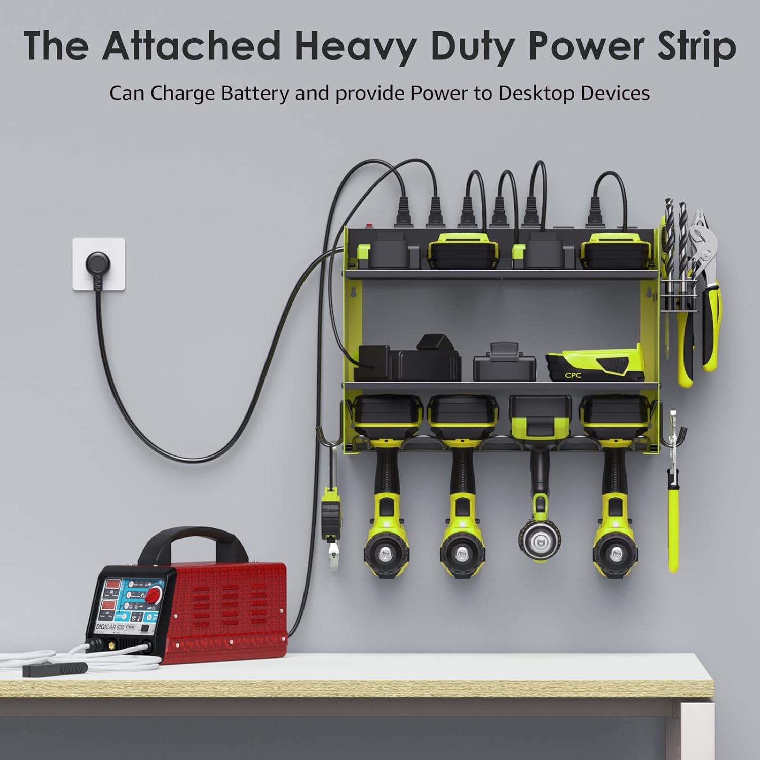 CCCEI Modular Power Tool Organizer Wall Mount with Charging Station. Garage Drill Storage Shelf with Hooks, Heavy Duty Rack, Tool Battery Holder Built in 8 Outlet. Gift for Men. Green, 2 Pack.