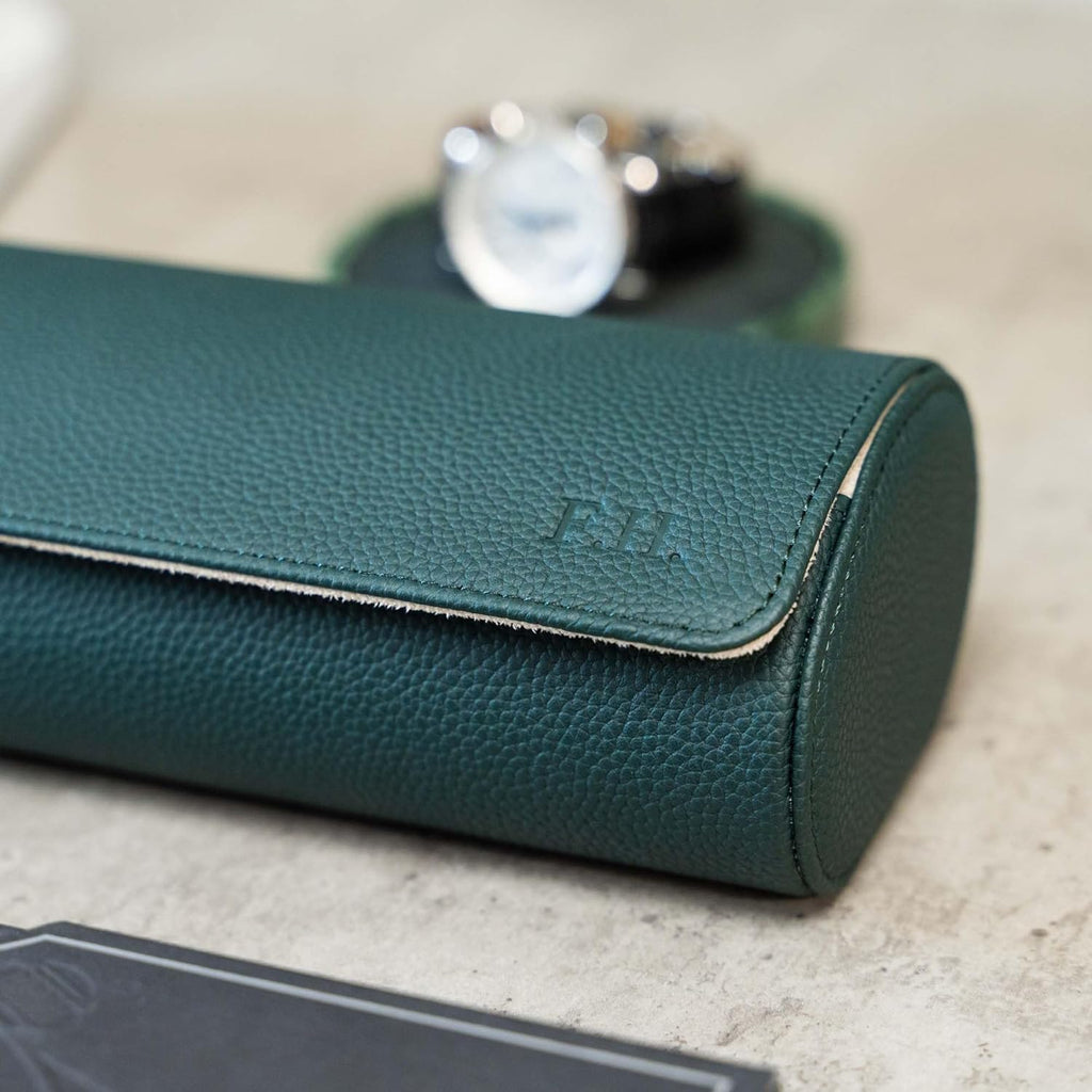 DailyWatch | Personalized Watch Roll Travel Case For 3 Watches - Handmade Genuine Leather Travel Case With Custom Engraving of Name or Initials - Dark Green Litchi
