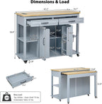 Kitchen Cart with Rubber Wood Drop-Leaf Countertop,Cabinet Door Internal Storage Racks,Kitchen Island on 5 Wheels with Storage Cabinet and 3 Drawers for Dinning Room, Black (Grey+ Blue)