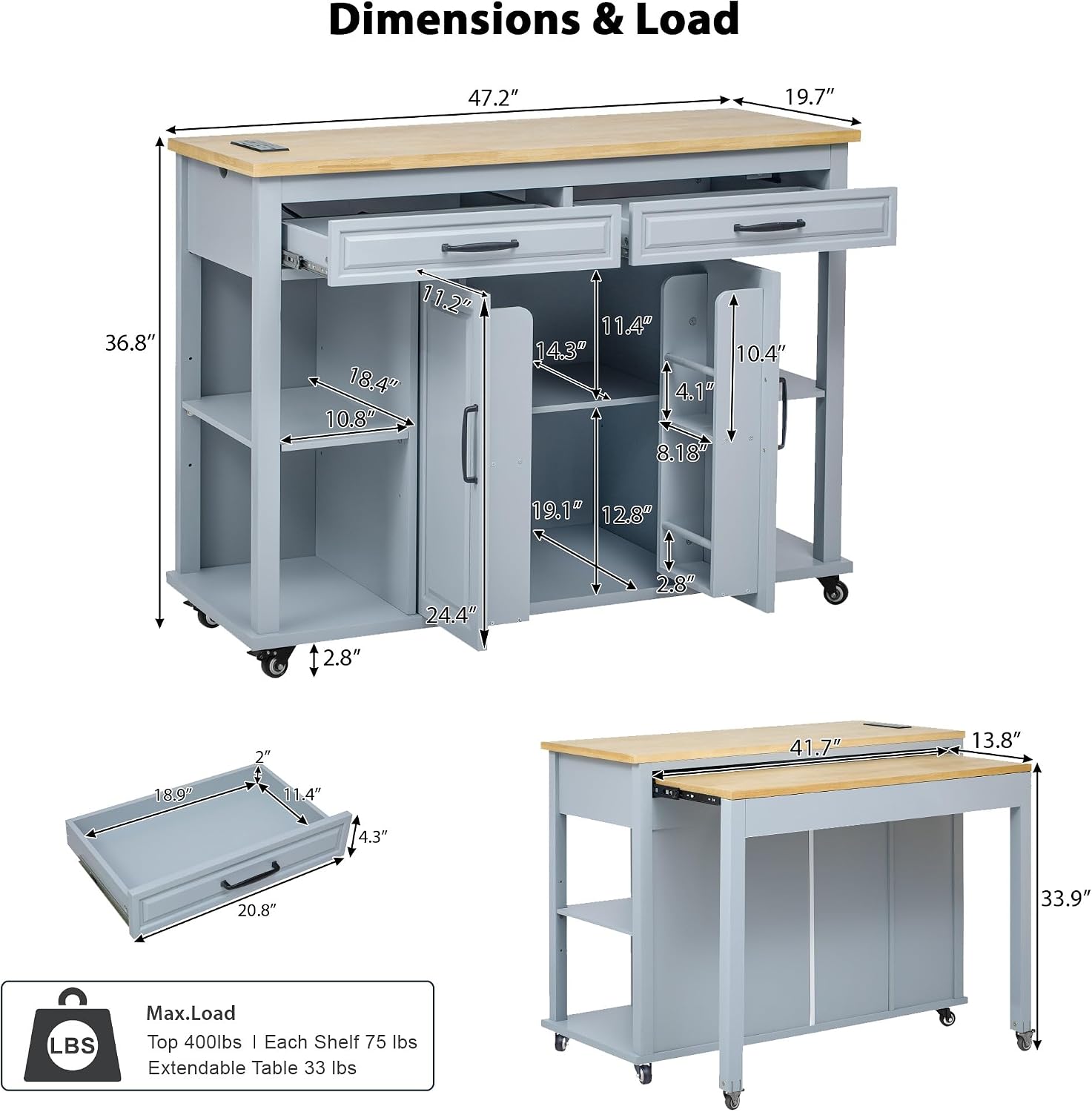 Kitchen Cart with Rubber Wood Drop-Leaf Countertop,Cabinet Door Internal Storage Racks,Kitchen Island on 5 Wheels with Storage Cabinet and 3 Drawers for Dinning Room, Black (Grey+ Blue)