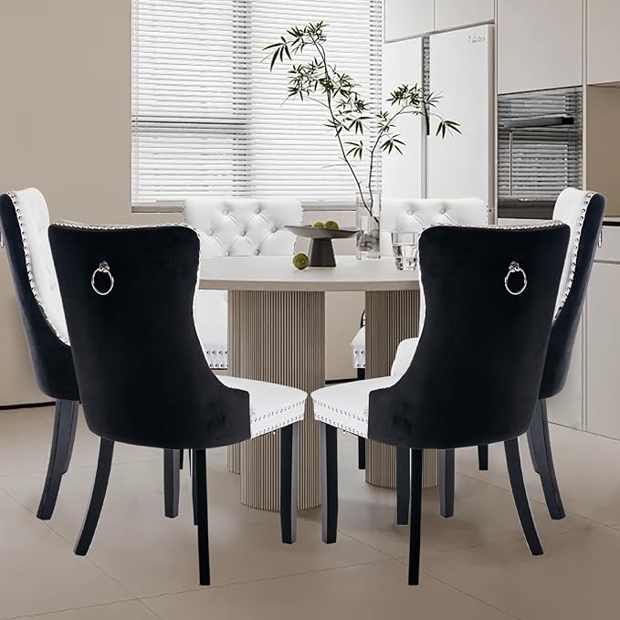 Leather Upholstered Dining Chairs Set of 6, Modern Style Kitchen Side Chairs with Nailhead Trim and Wood Leg, Metal Pulling Ring for Dining Room Living Room(Black&White,Set of 6)